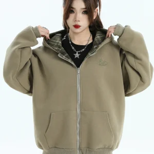 China-Chic Brand Couple American Double Sided Reversed Plaid Hoodie Loose Cardigan Coat Male