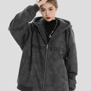 China-Chic Couple American Lamb Fleece Old PU Leather Coat Loose Thickened Jacket Cotton Coat